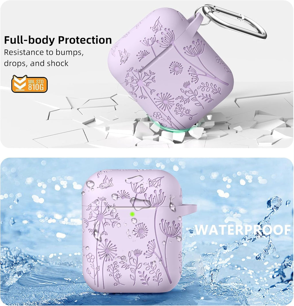 Compatible with Airpod Case and Airpods 2Nd Generation Case Flower Print Engraved Skin Cover Compatible with Apple Airpods 2Nd/1St Charging Case with Keychain, Lavender