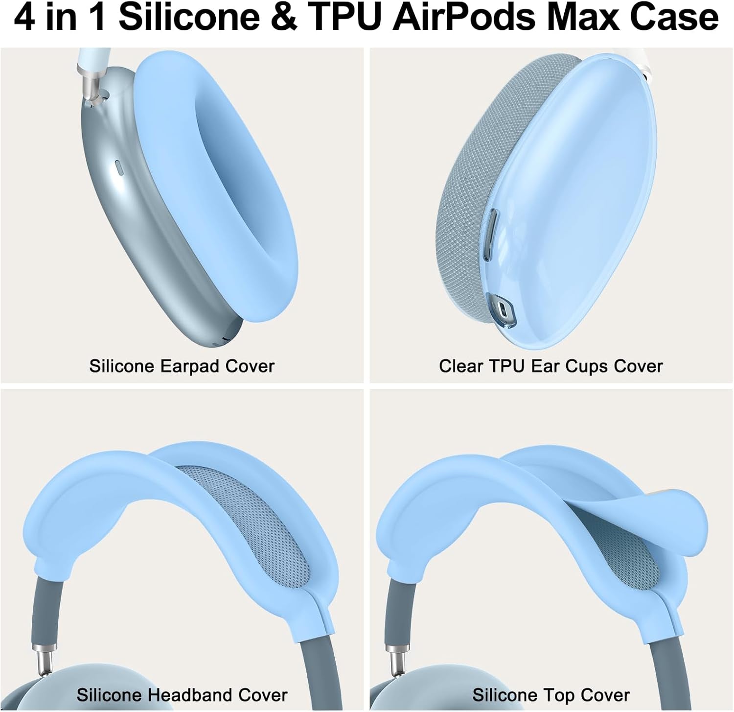 [4 in 1] Silicone Case Cover for Airpods Max, Clear Soft TPU Ear Cups Cover/Ear Pad Case Cover/Headband Cover for Airpods Max (2024/2020), Transparent Accessories for Apple Airpod Max (Usb-C),Sky Blue