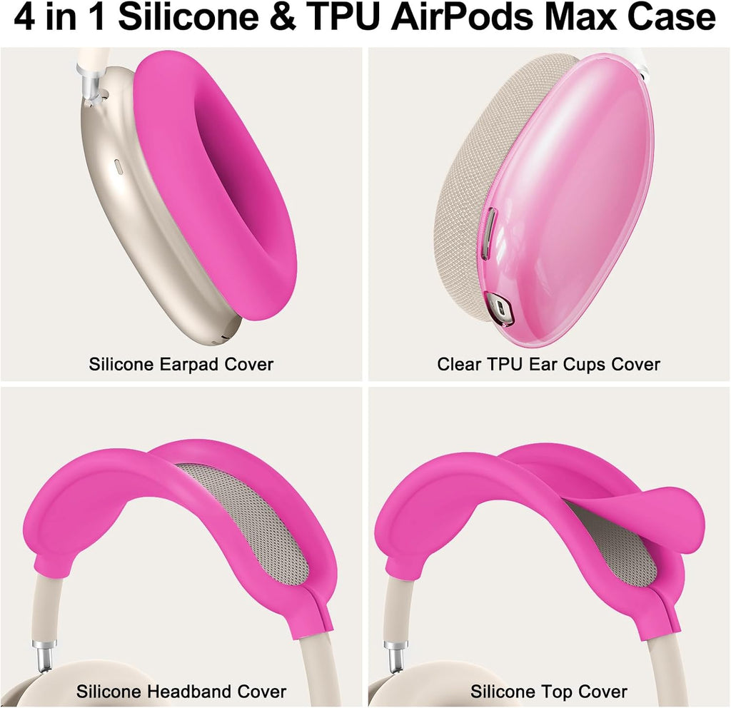 Silicone Case Cover for Airpods Max 2, Clear Soft TPU Ear Cups Cover/Ear Pad Case Cover/Headband Cover for Airpods Max 2/1 (2026/2024/2020), Transparent Accessories for Apple Airpod Max, Hot Pink