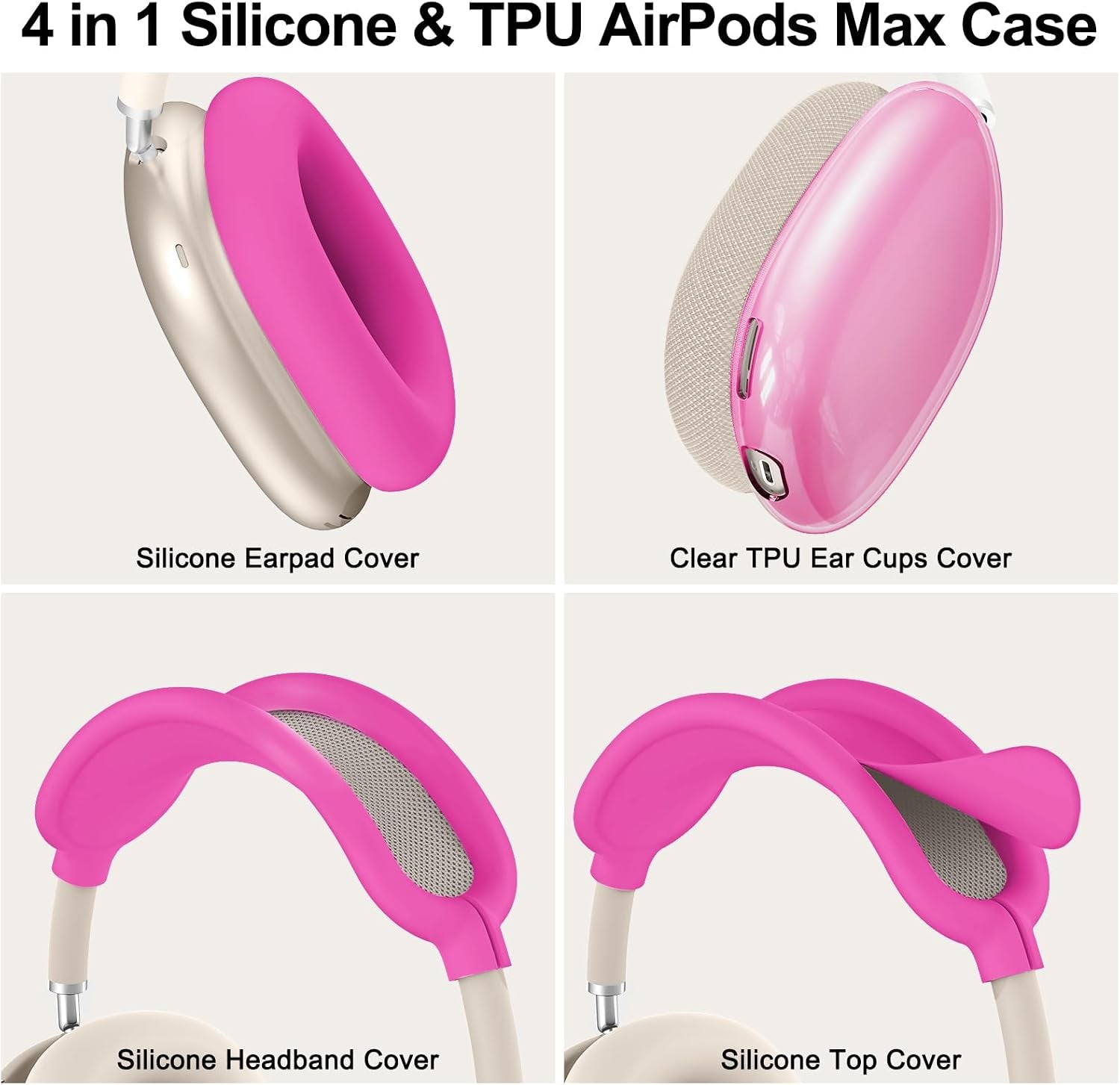 Silicone Case Cover for Airpods Max 2, Clear Soft TPU Ear Cups Cover/Ear Pad Case Cover/Headband Cover for Airpods Max 2/1 (2026/2024/2020), Transparent Accessories for Apple Airpod Max, Hot Pink