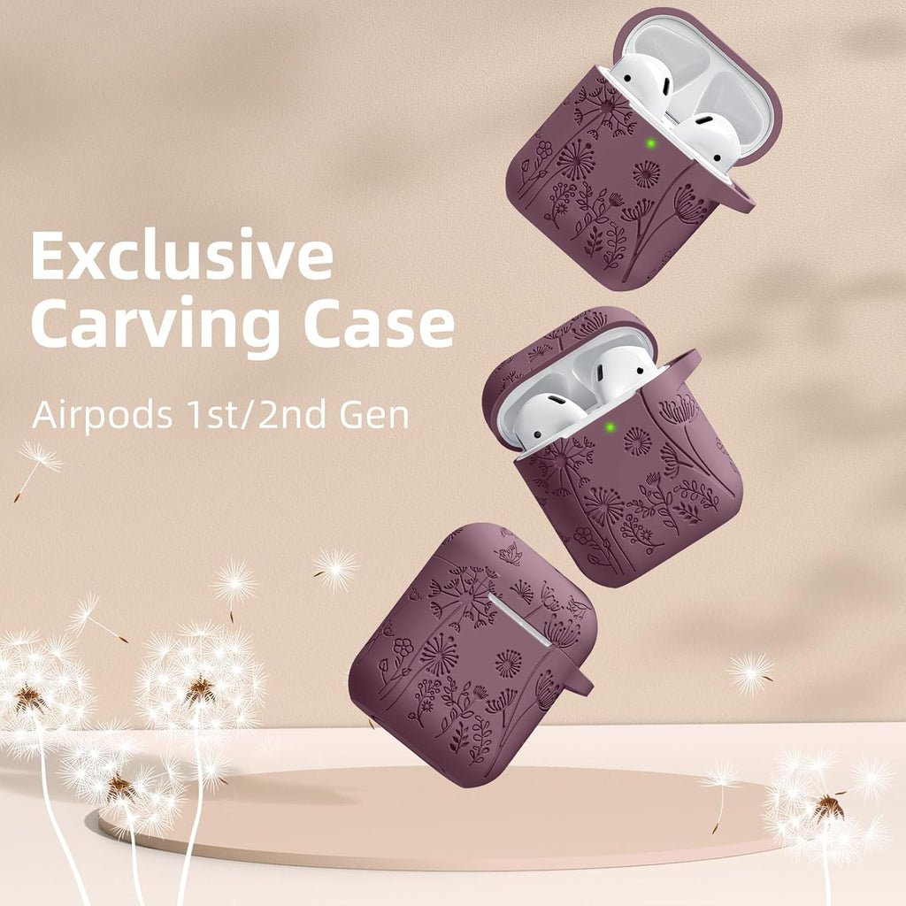 Compatible with Apple Airpods 1St/2Nd Generation Charging Case, Stylish Soft Silicone Flower Print Engraved Protector with Keychain Compatible with Airpods Case, Smoke Purple