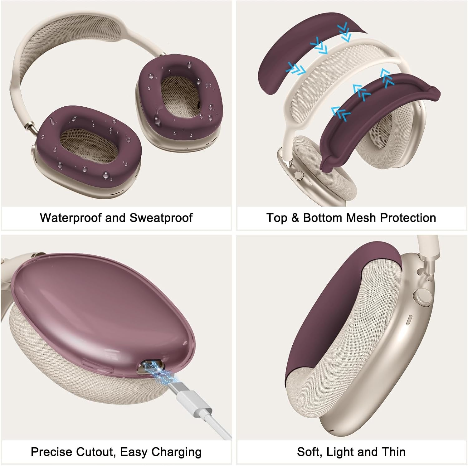 [4 in 1] Silicone Case Cover for Airpods Max, Clear Soft TPU Ear Cups Cover/Ear Pad Case Covers/Headband Covers Transparent Accessories for Apple Airpods Max (2024/2020)(Usb-C/Lightning), Burgundy