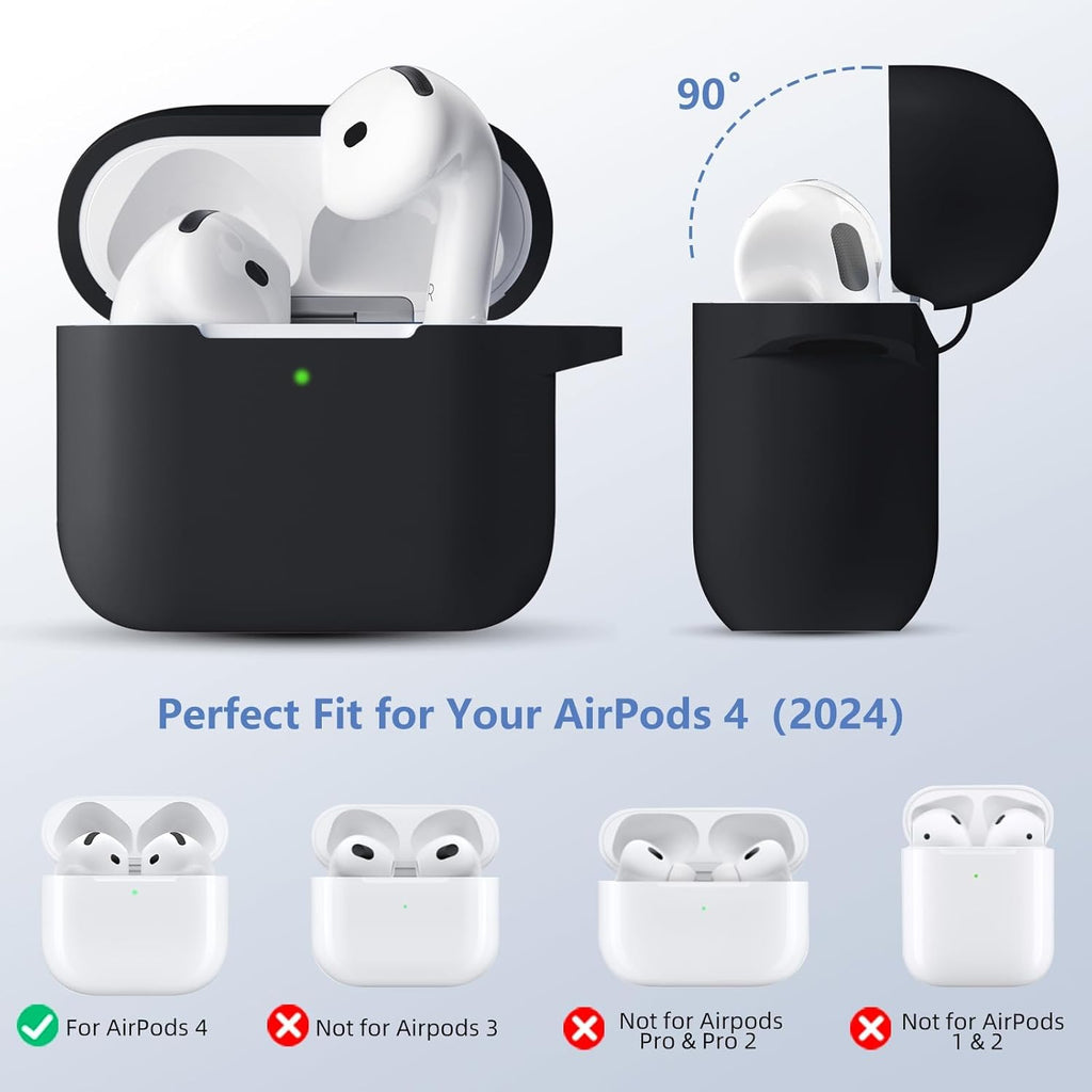 Compatible with Airpods 4 Case Cover for Women and Men, Soft Silicone Protective Covers for Airpods 4Th Generation 2024 Cases with Cleaner Kit and Keychain Front LED Visible Black