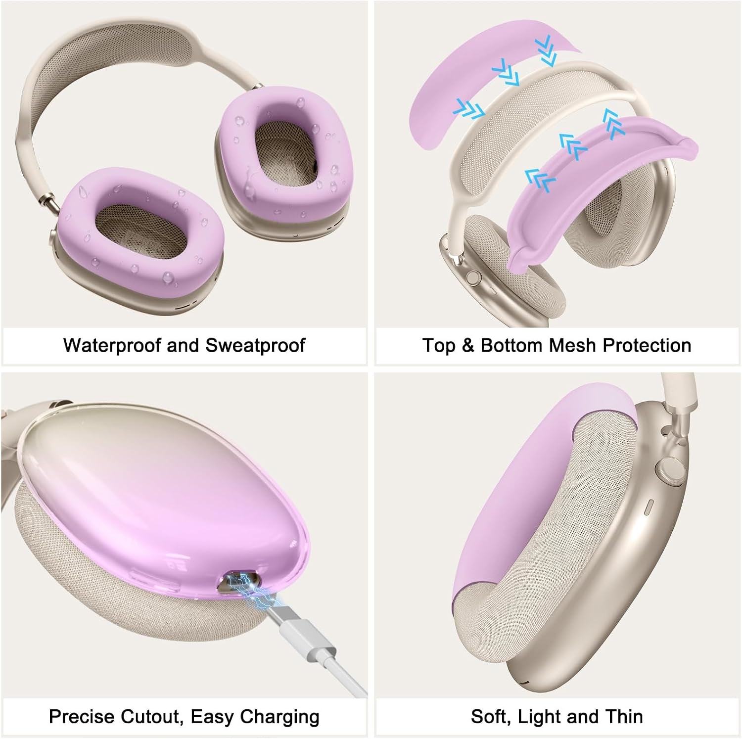 Silicone Case Cover for Airpods Max 2,Clear Gradient TPU Ear Cups Cover/Ear Pad Case Cover/Headband Cover for Airpods Max 2/1 (2026/2024/2020),Transparent Accessories for Apple Airpod Max,Light Purple