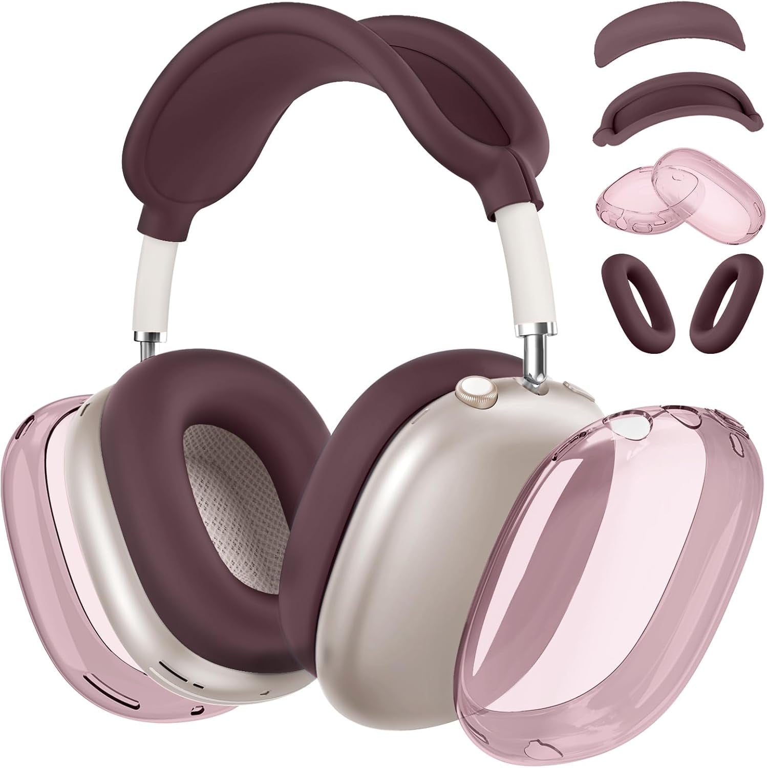 [4 in 1] Silicone Case Cover for Airpods Max, Clear Soft TPU Ear Cups Cover/Ear Pad Case Covers/Headband Covers Transparent Accessories for Apple Airpods Max (2024/2020)(Usb-C/Lightning), Burgundy