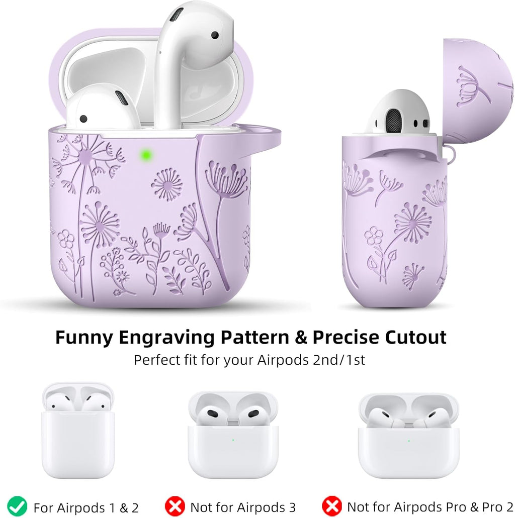 Compatible with Airpod Case and Airpods 2Nd Generation Case Flower Print Engraved Skin Cover Compatible with Apple Airpods 2Nd/1St Charging Case with Keychain, Lavender