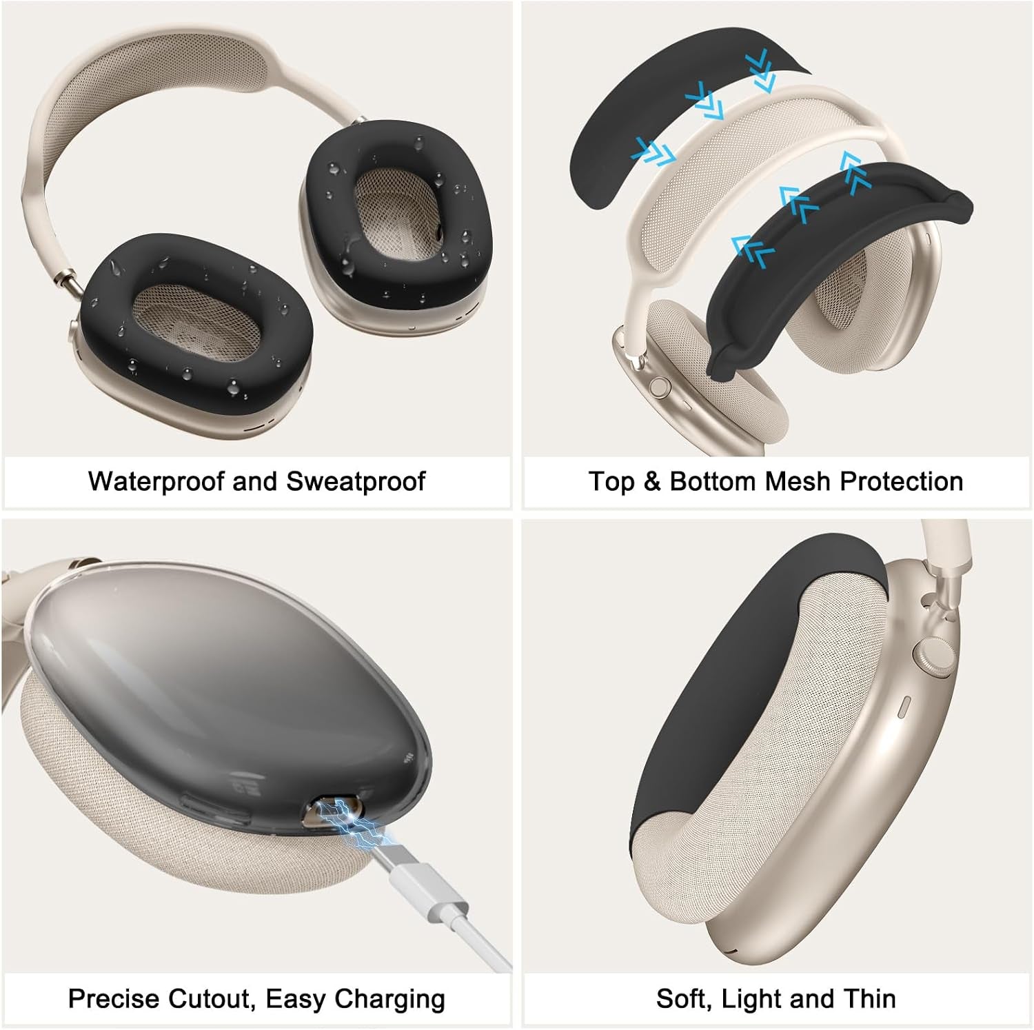 [4 in 1] Silicone Case Cover for Airpods Max, Clear Gradient Soft TPU Ear Cups Cover/Ear Pad Case Cover/Headband Cover Transparent Accessories for Apple Airpods Max (2024/2020)(Usb-C/Lightning), Black