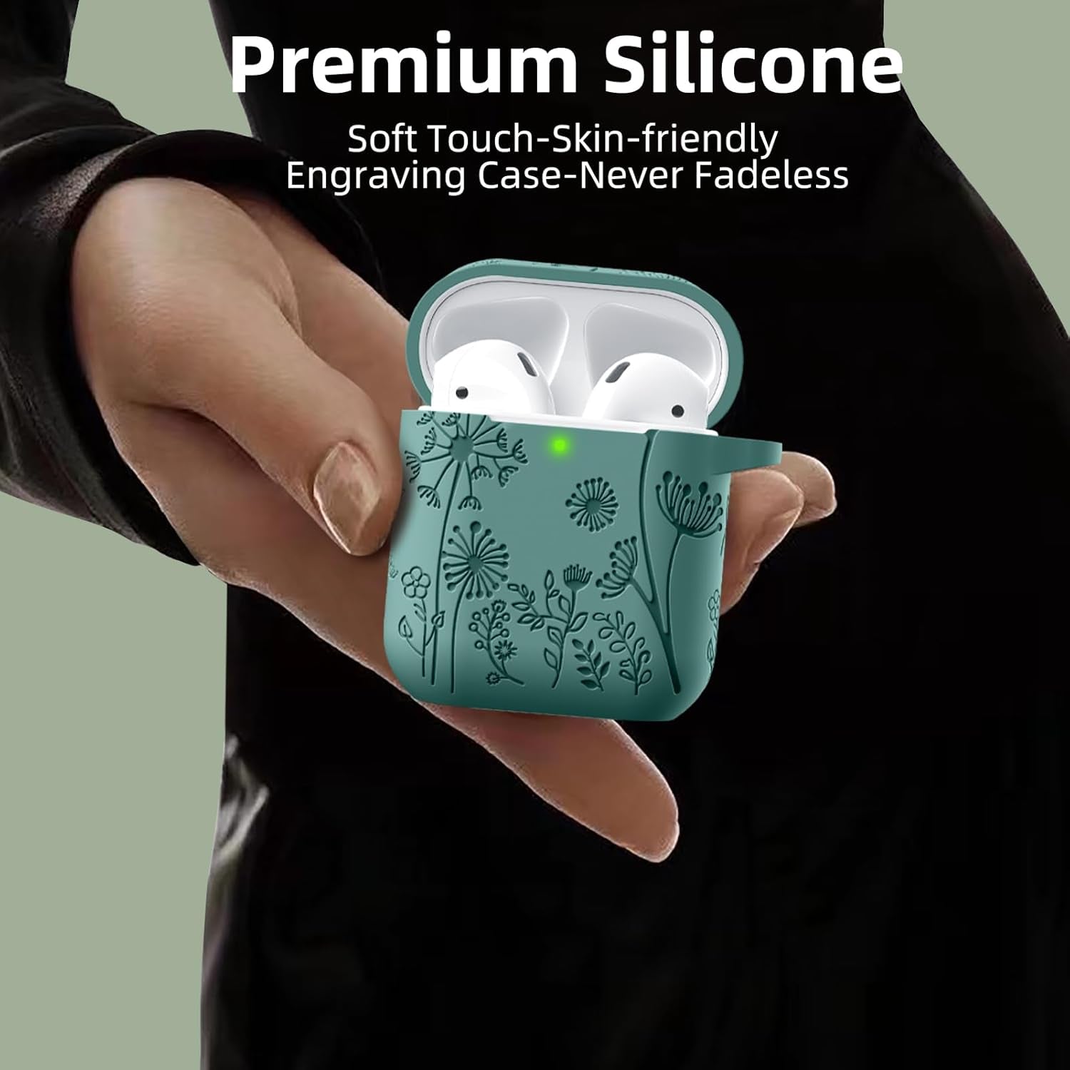 Flower Print Engraved for Airpods Case Cover, Stylish Soft Silicone Protector with Keychain Compatible with Apple Airpods 1St/2Nd Generation Charging Case, Pine Green