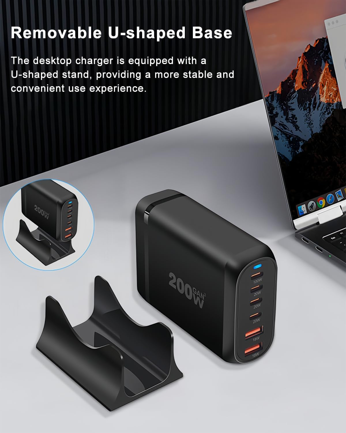 200W USB C Charger, Gan Charger Station, 6-Port Fast Charger, USB Wall Charger Power Adapter, Type C Phone Charger Block Compatible with Macbook, Ipad, Iphone 15 14 13 12, Samsung Galaxy, Laptop