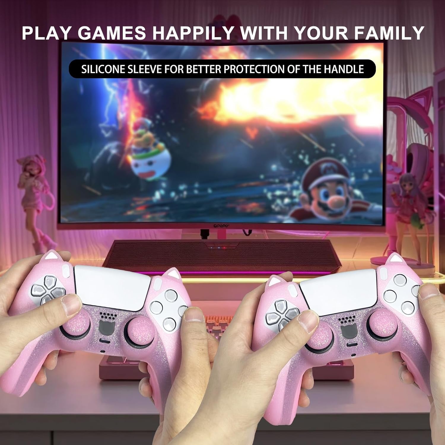 Pink Cat Glitter Anti-Slip Protective Silicone Cover Skin Grips Compatible with Ps5/Slim/Pro Controller,8 PCS Glitter Thumb Grips Caps and 2 Paw Grips Caps. (Cat Pink)