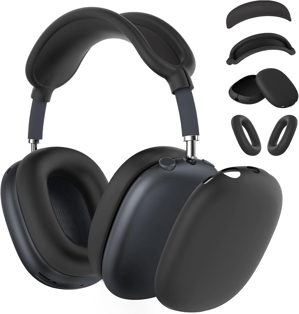 Silicone Case Cover for Airpods Max Headphones, 4 in 1 Accessories Kit: Anti-Scratch Ear Cups/Ear Pad Case/Up down Headband Cover for Airpod Max, Soft Skin Protector for Airpods Max Cover (Black)