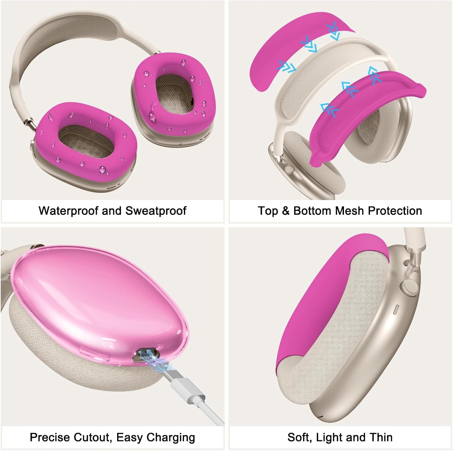 Silicone Case Cover for Airpods Max 2, Clear Soft TPU Ear Cups Cover/Ear Pad Case Cover/Headband Cover for Airpods Max 2/1 (2026/2024/2020), Transparent Accessories for Apple Airpod Max, Hot Pink