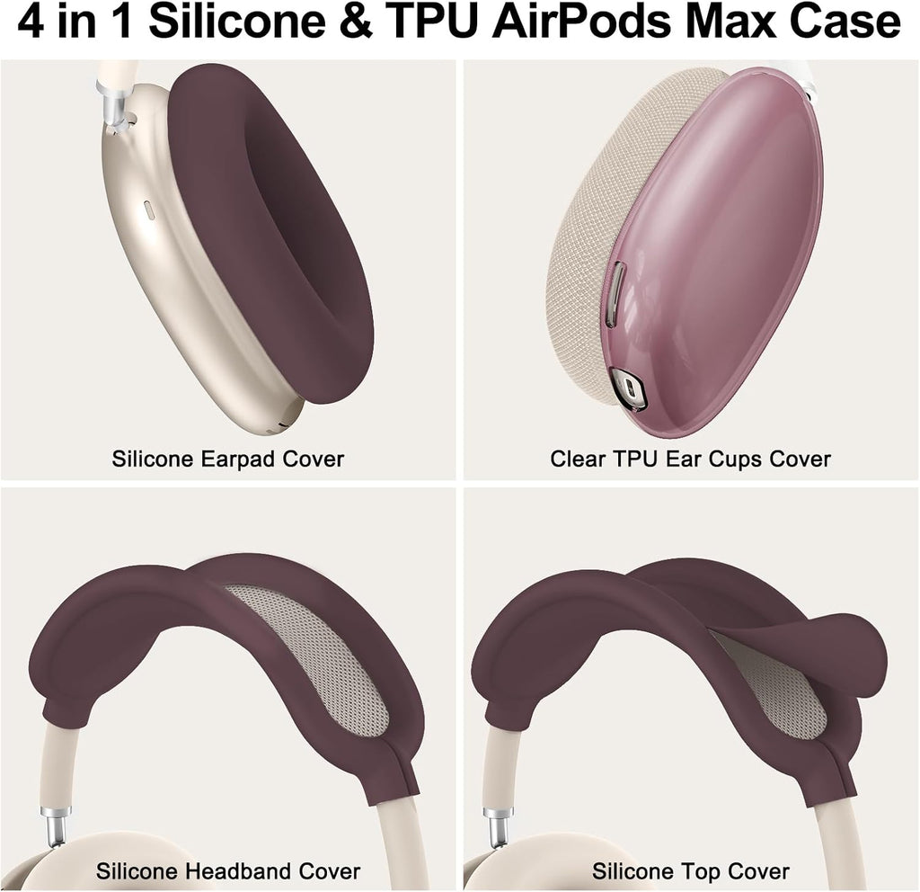 [4 in 1] Silicone Case Cover for Airpods Max, Clear Soft TPU Ear Cups Cover/Ear Pad Case Covers/Headband Covers Transparent Accessories for Apple Airpods Max (2024/2020)(Usb-C/Lightning), Burgundy