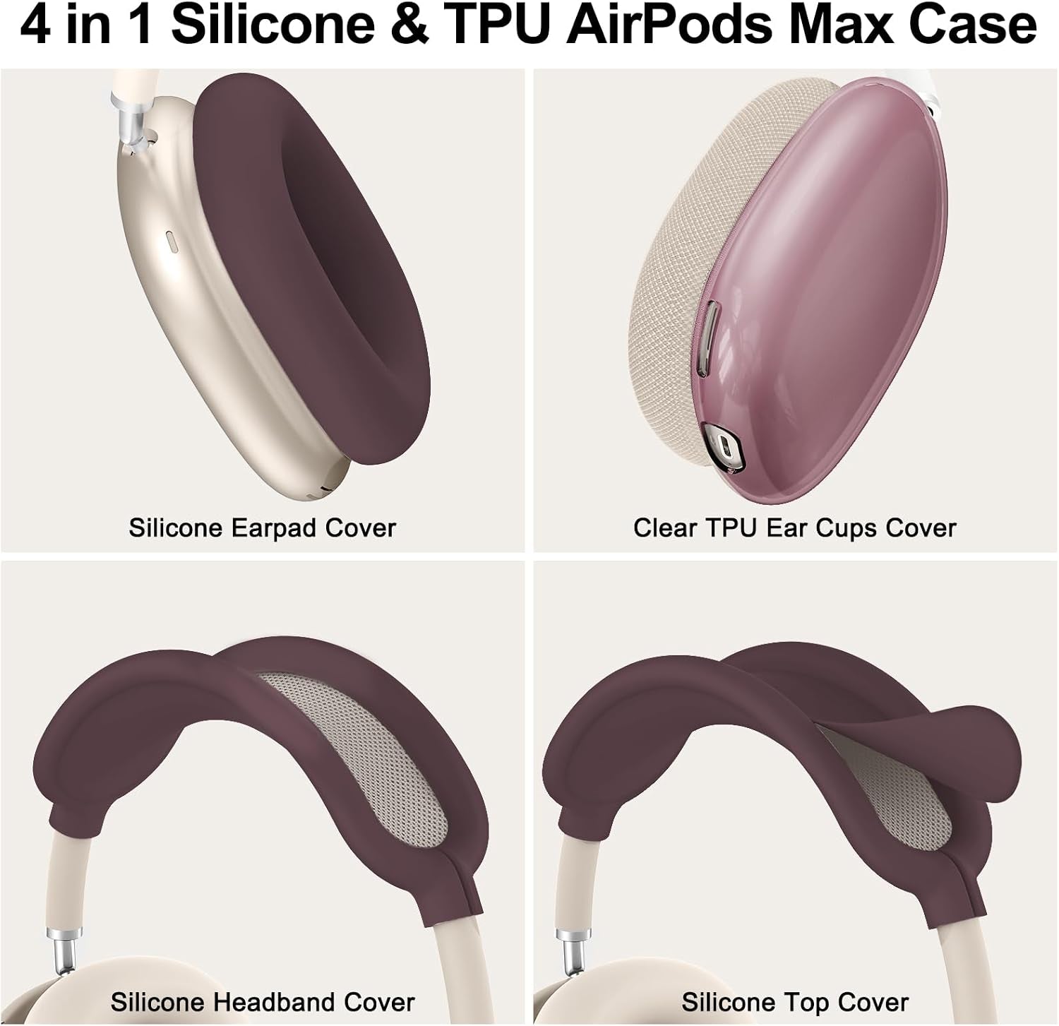[4 in 1] Silicone Case Cover for Airpods Max, Clear Soft TPU Ear Cups Cover/Ear Pad Case Covers/Headband Covers Transparent Accessories for Apple Airpods Max (2024/2020)(Usb-C/Lightning), Burgundy
