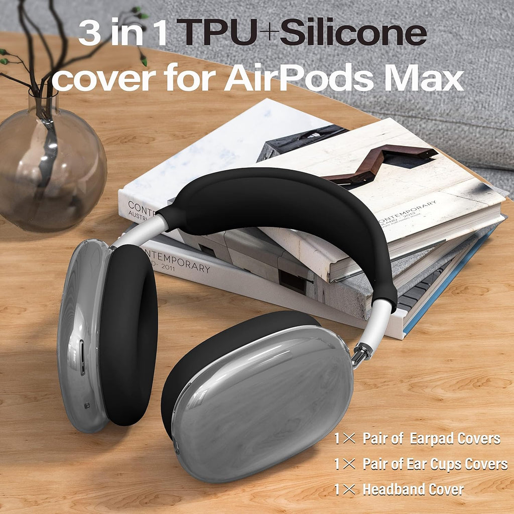 Clear Cover for Airpods Max Headphones Case, 4 in 1 Kit Soft Silicone Skin Ear Cups/Ear Pad Case/Headband for Airpods Max, TPU Transparent Cover Protector for Airpod Max Headsets (Clear-Black)