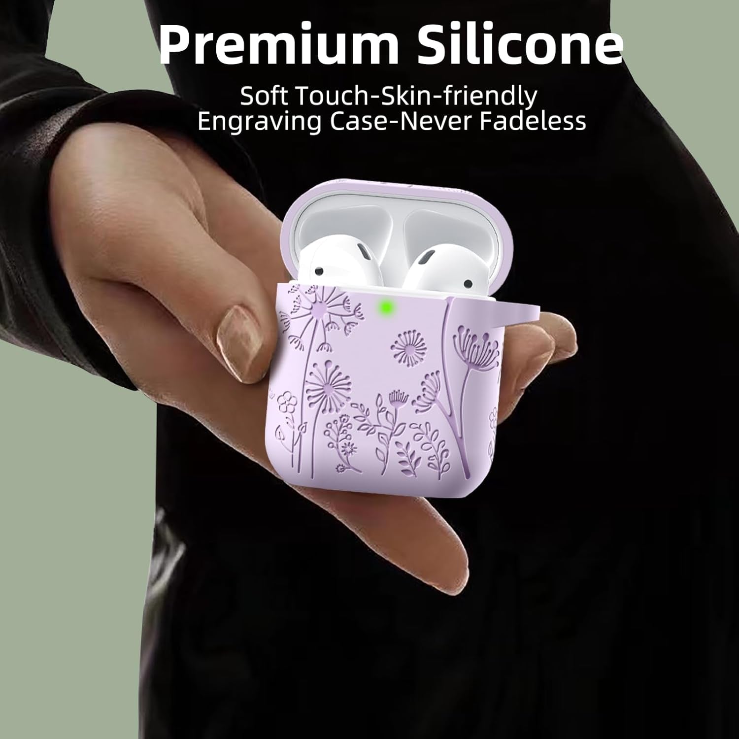 Compatible with Airpod Case and Airpods 2Nd Generation Case Flower Print Engraved Skin Cover Compatible with Apple Airpods 2Nd/1St Charging Case with Keychain, Lavender