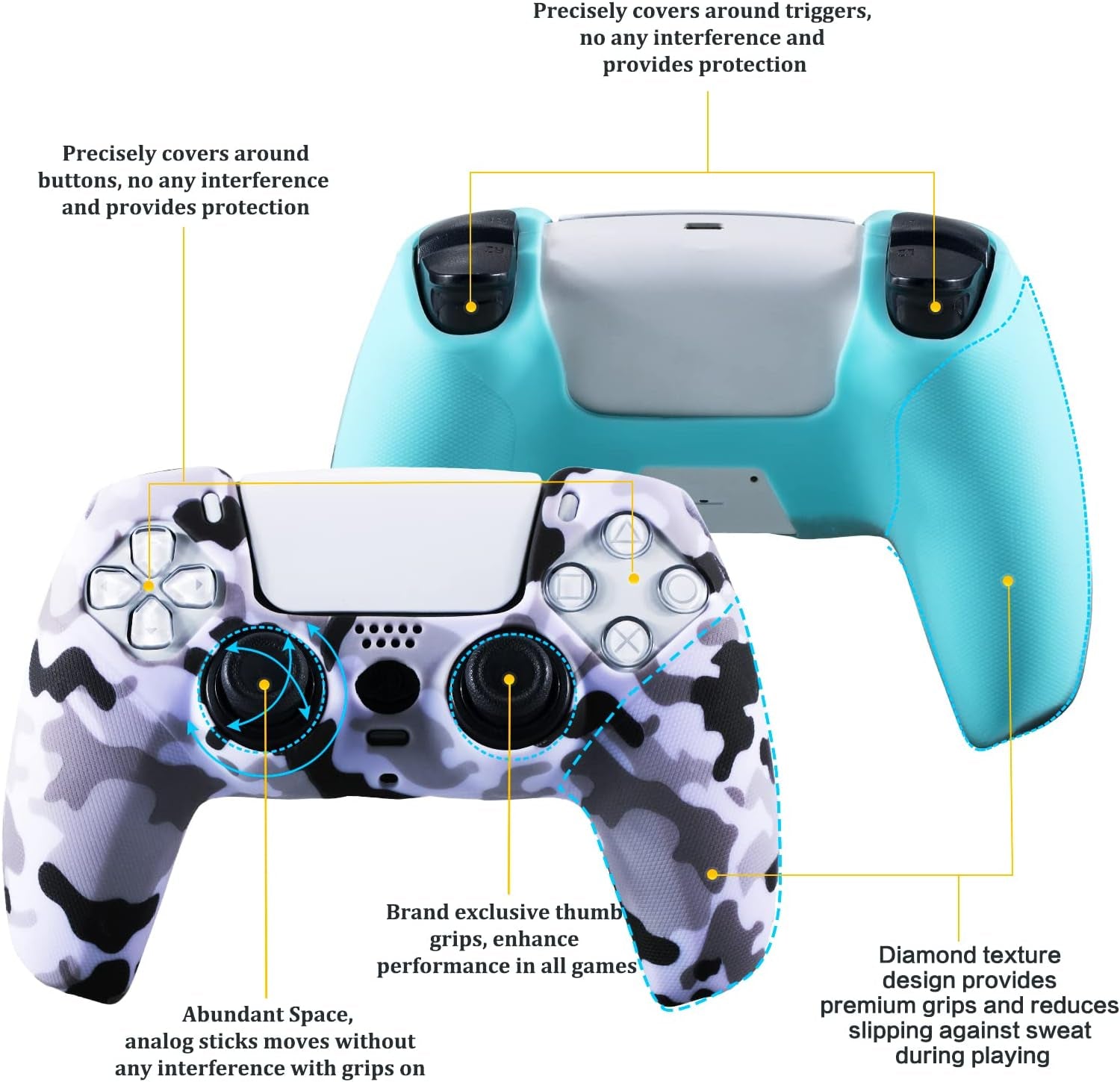 Grip Texture Silicone Skin for PS5 Dualsense Controller X 2(Print Purple+Green) with Pro Thumb Grips X 8