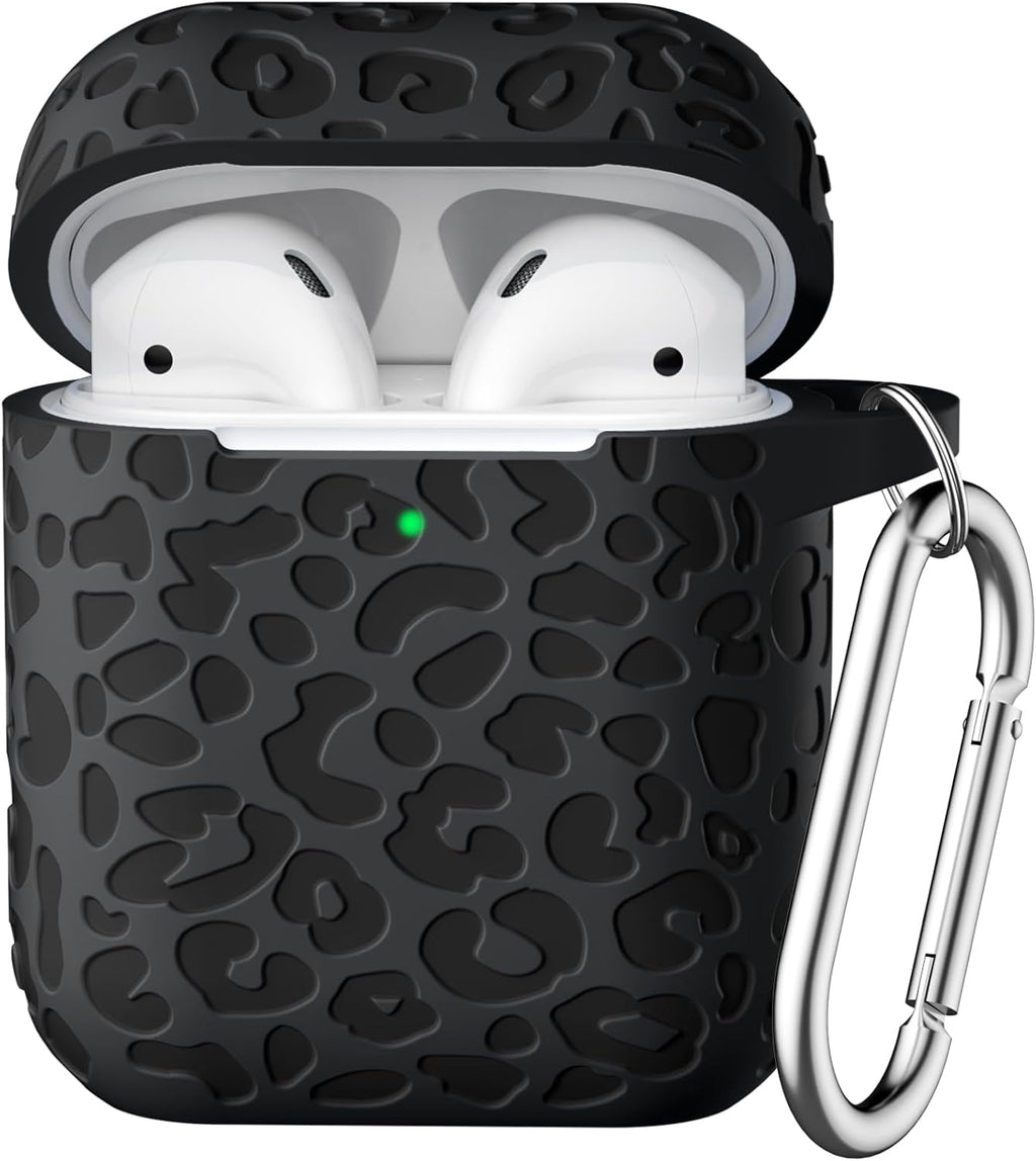 Compatible with Airpod Case and Airpods 2Nd Generation Case Leopard Print Engraved Skin Cover Compatible with Apple Airpods 2Nd/1St Charging Case with Keychain, Black