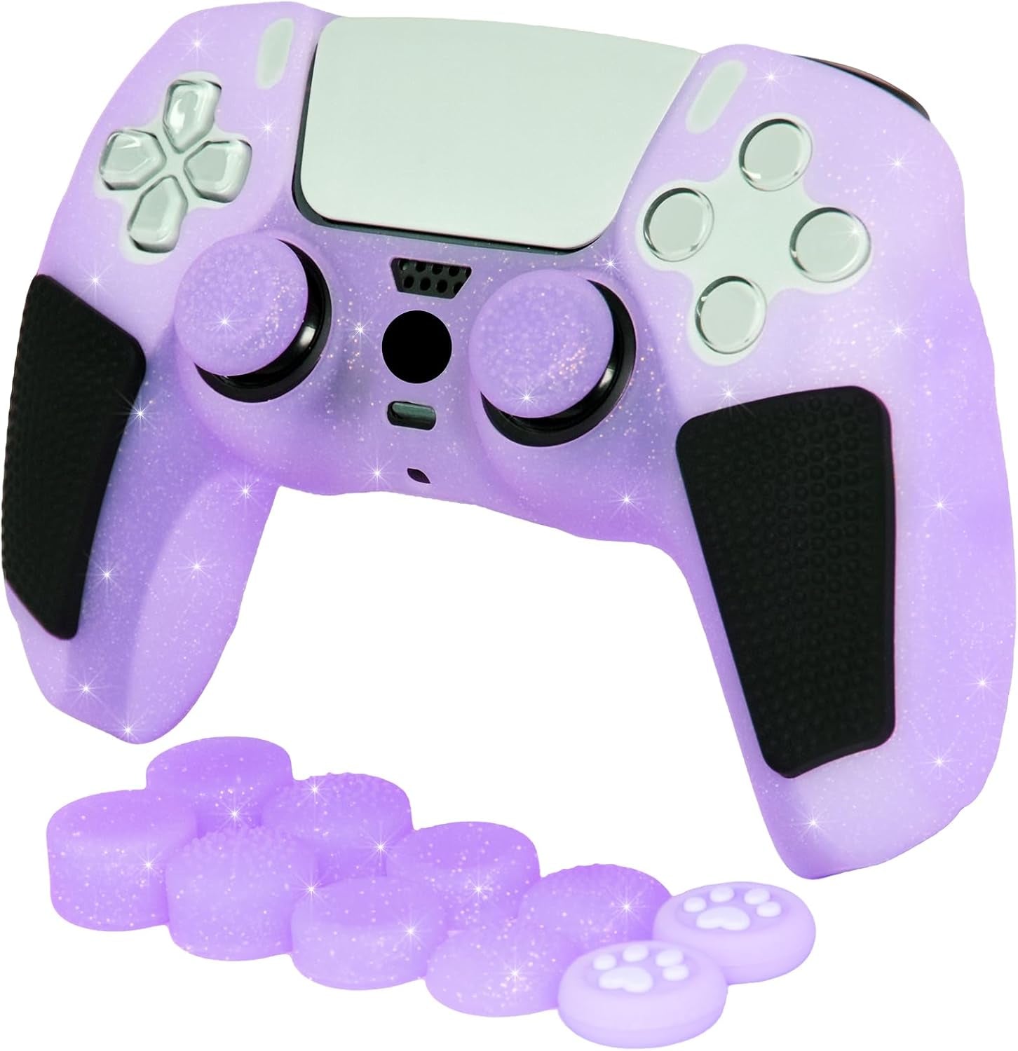 Purple Glitter anti Slip Soft Thicked Studded Silicone Cover Skins Compatible with PS5 Controller,Include 8 PCS Purple Glitter Thumb Grips Glow and 2 Cat Paw Grips Accessories.