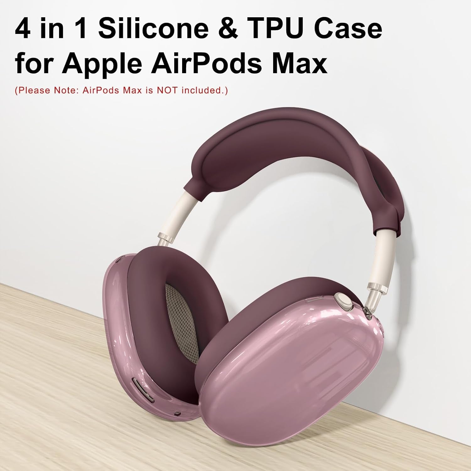 [4 in 1] Silicone Case Cover for Airpods Max, Clear Soft TPU Ear Cups Cover/Ear Pad Case Covers/Headband Covers Transparent Accessories for Apple Airpods Max (2024/2020)(Usb-C/Lightning), Burgundy