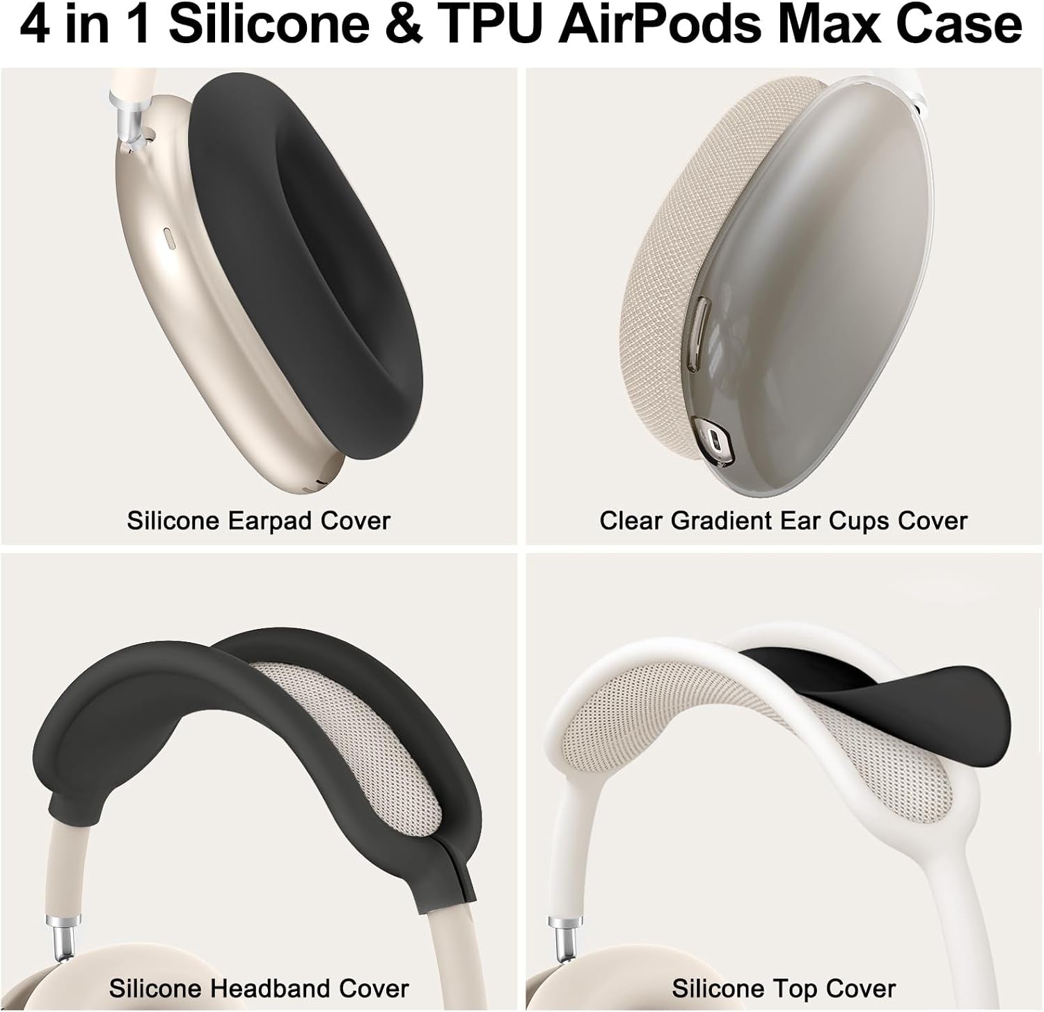 [4 in 1] Silicone Case Cover for Airpods Max, Clear Gradient Soft TPU Ear Cups Cover/Ear Pad Case Cover/Headband Cover Transparent Accessories for Apple Airpods Max (2024/2020)(Usb-C/Lightning), Black