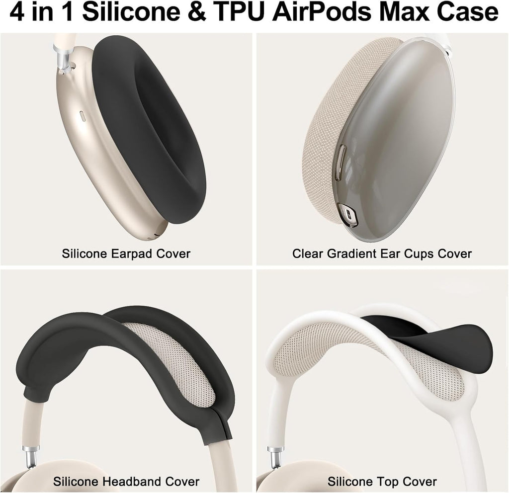 [4 in 1] Silicone Case Cover for Airpods Max, Clear Gradient Soft TPU Ear Cups Cover/Ear Pad Case Cover/Headband Cover Transparent Accessories for Apple Airpods Max (2024/2020)(Usb-C/Lightning), Black