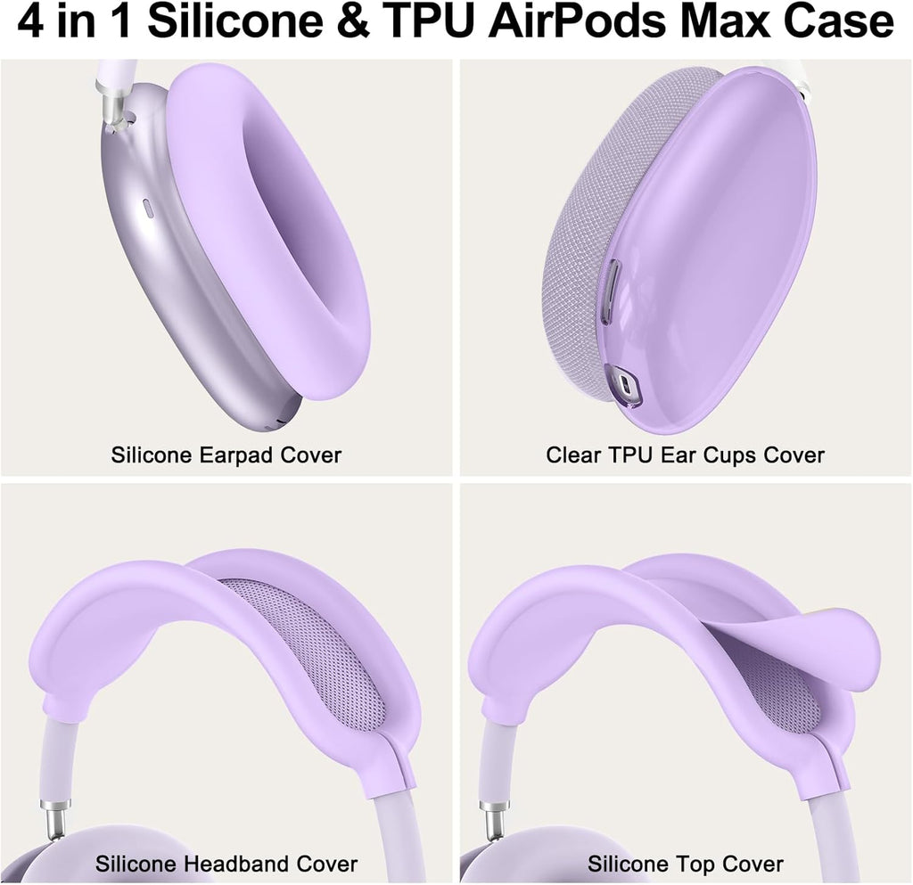 [4 in 1] Silicone Case Cover for Airpods Max,Clear Soft TPU Ear Cups Cover/Ear Pad Case/Headband Covers for Airpods Max(2024/2020),Transparent Accessories for Apple Airpod Max (Usb-C),Pastel Lilac