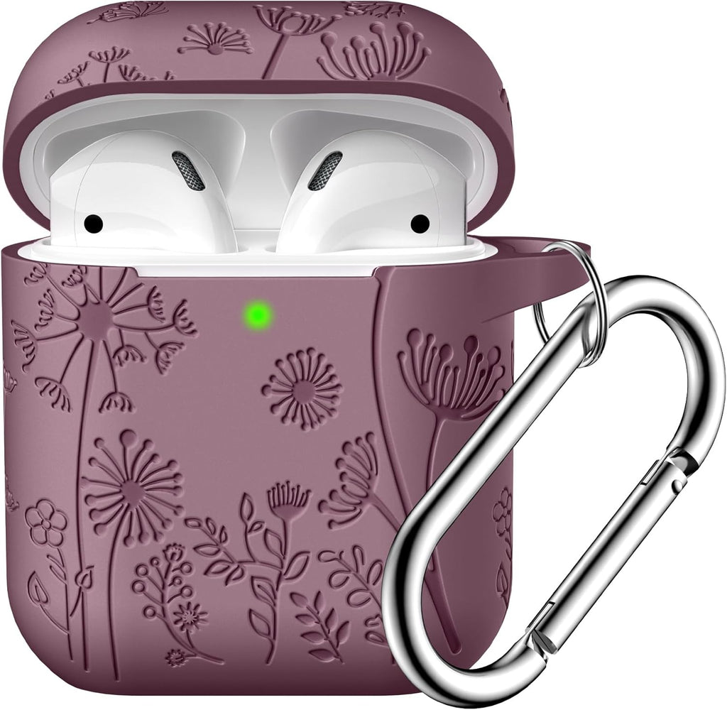 Compatible with Apple Airpods 1St/2Nd Generation Charging Case, Stylish Soft Silicone Flower Print Engraved Protector with Keychain Compatible with Airpods Case, Smoke Purple