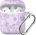 Compatible with Airpod Case and Airpods 2Nd Generation Case Flower Print Engraved Skin Cover Compatible with Apple Airpods 2Nd/1St Charging Case with Keychain, Lavender
