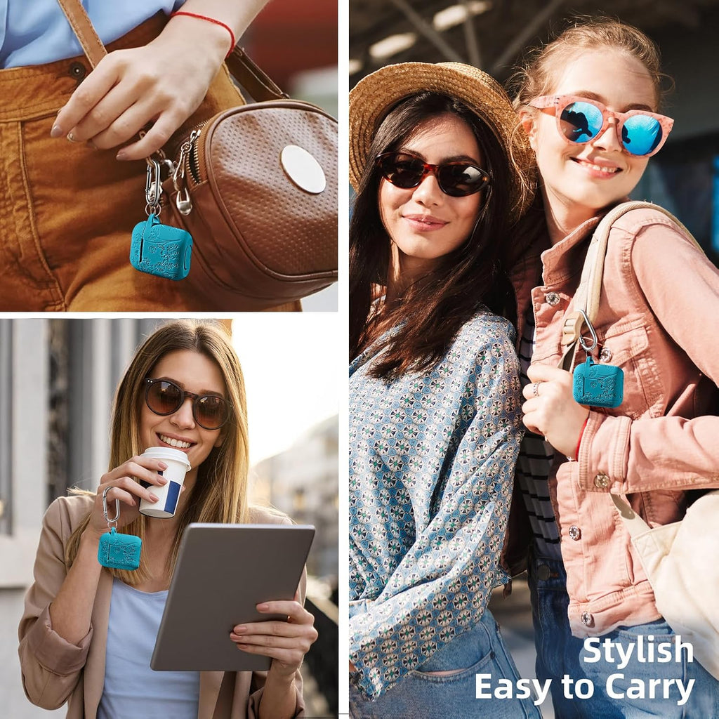 Compatible with Apple Airpods 1St/2Nd Generation Charging Case, Stylish Soft Silicone Flower Print Engraved Protector with Keychain Compatible with Airpods Case, Blue