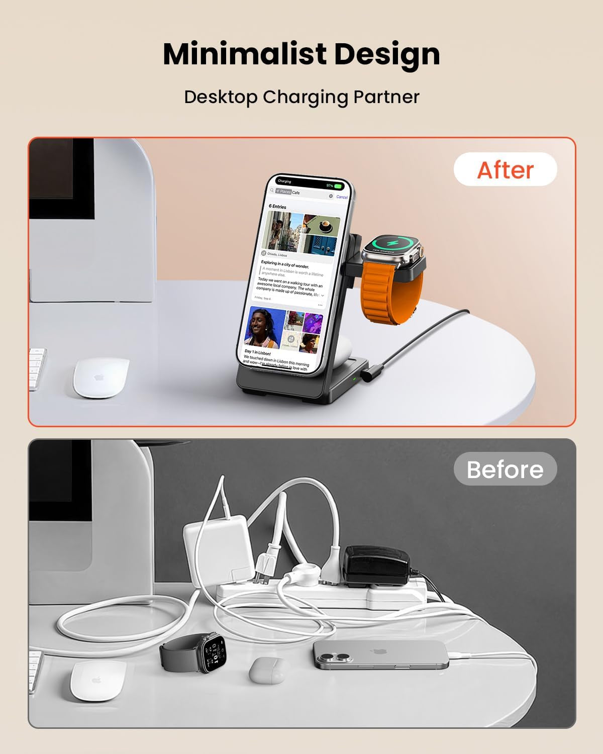 15W Wireless Charging Station,  3 in 1 Magnetic Wireless Charger Stand for Apple Devices, Foldable Travel Charging Dock for Iphone 17 16 15 14 13 12, for Apple Watch & Airpods