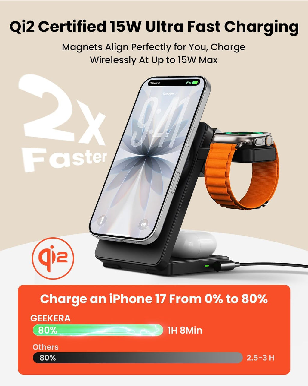 15W Wireless Charging Station,  3 in 1 Magnetic Wireless Charger Stand for Apple Devices, Foldable Travel Charging Dock for Iphone 17 16 15 14 13 12, for Apple Watch & Airpods