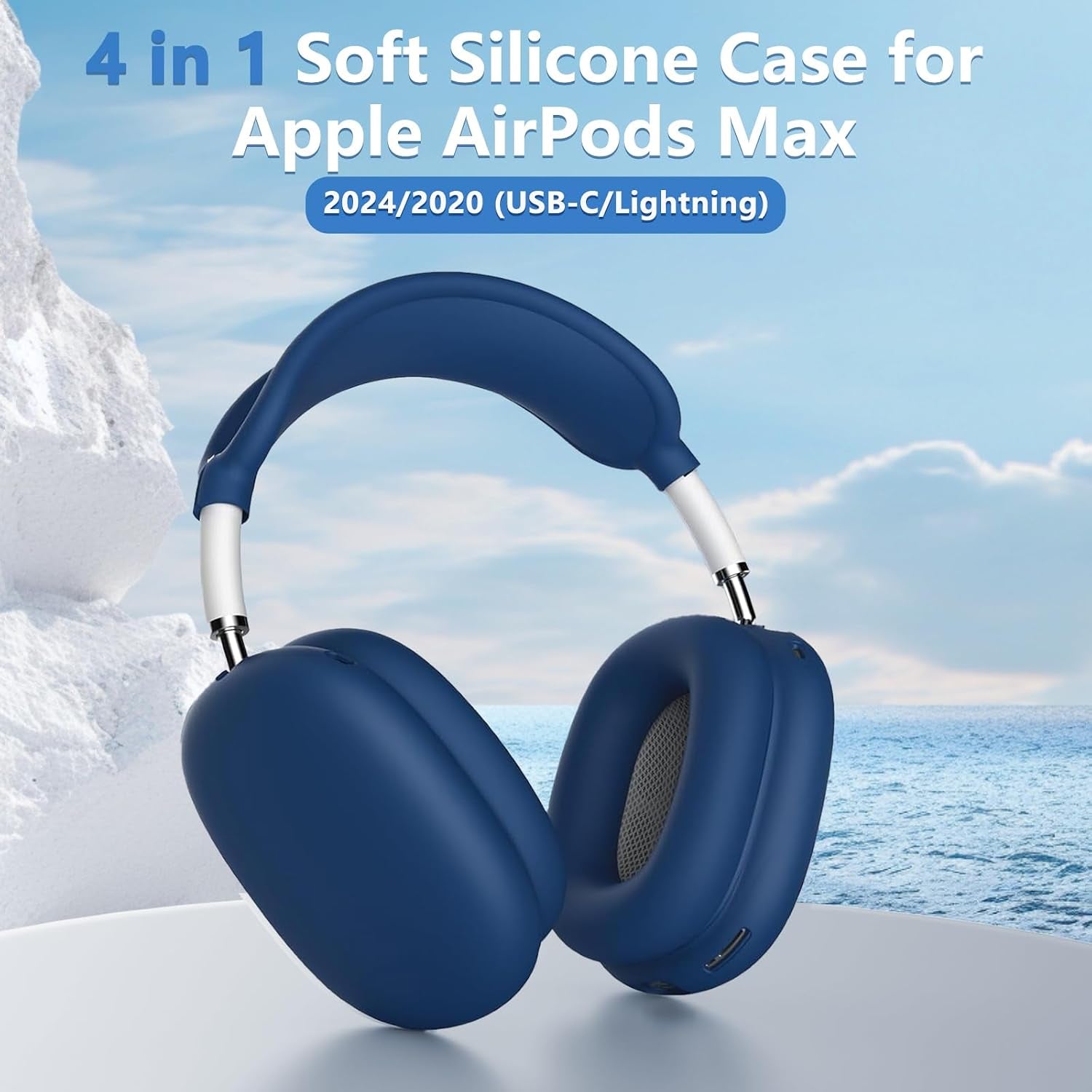 Silicone Case Cover for Airpods Max, Ear Pad Case Cover/Ear Cups Cover/Headband Cover for Airpods Max Headphones, Accessories Soft Silicone Protector for Apple Airpods Max New USB-C (2024) (Dark Blue)