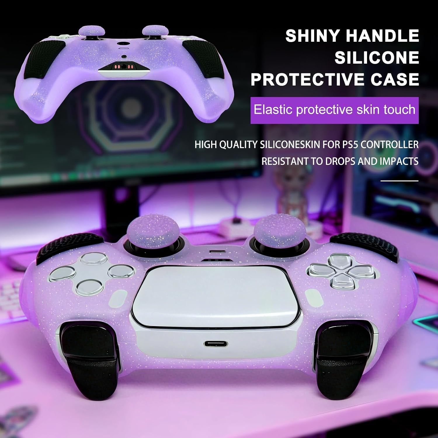 Purple Glitter anti Slip Soft Thicked Studded Silicone Cover Skins Compatible with PS5 Controller,Include 8 PCS Purple Glitter Thumb Grips Glow and 2 Cat Paw Grips Accessories.