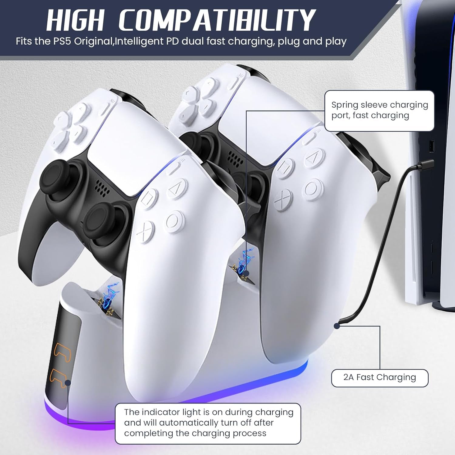 Controller Charger for Ps5,Fast Charging Station Dock with LED Indicator,Dualsense Charging Station for PS5 Controller,Fast Docking Charger with USB Type-C Charging(White)