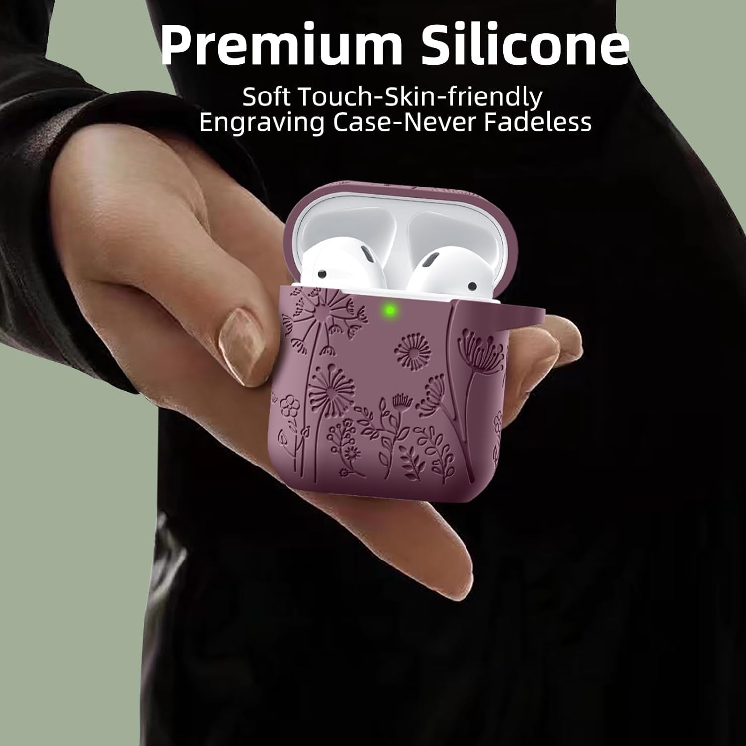 Compatible with Apple Airpods 1St/2Nd Generation Charging Case, Stylish Soft Silicone Flower Print Engraved Protector with Keychain Compatible with Airpods Case, Smoke Purple