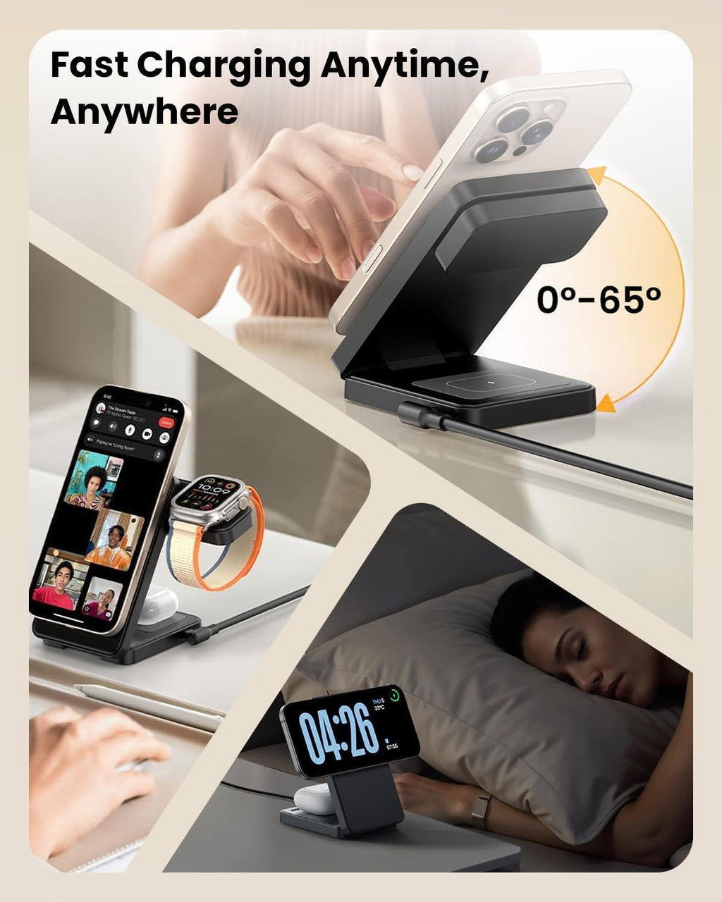 15W Wireless Charging Station,  3 in 1 Magnetic Wireless Charger Stand for Apple Devices, Foldable Travel Charging Dock for Iphone 17 16 15 14 13 12, for Apple Watch & Airpods