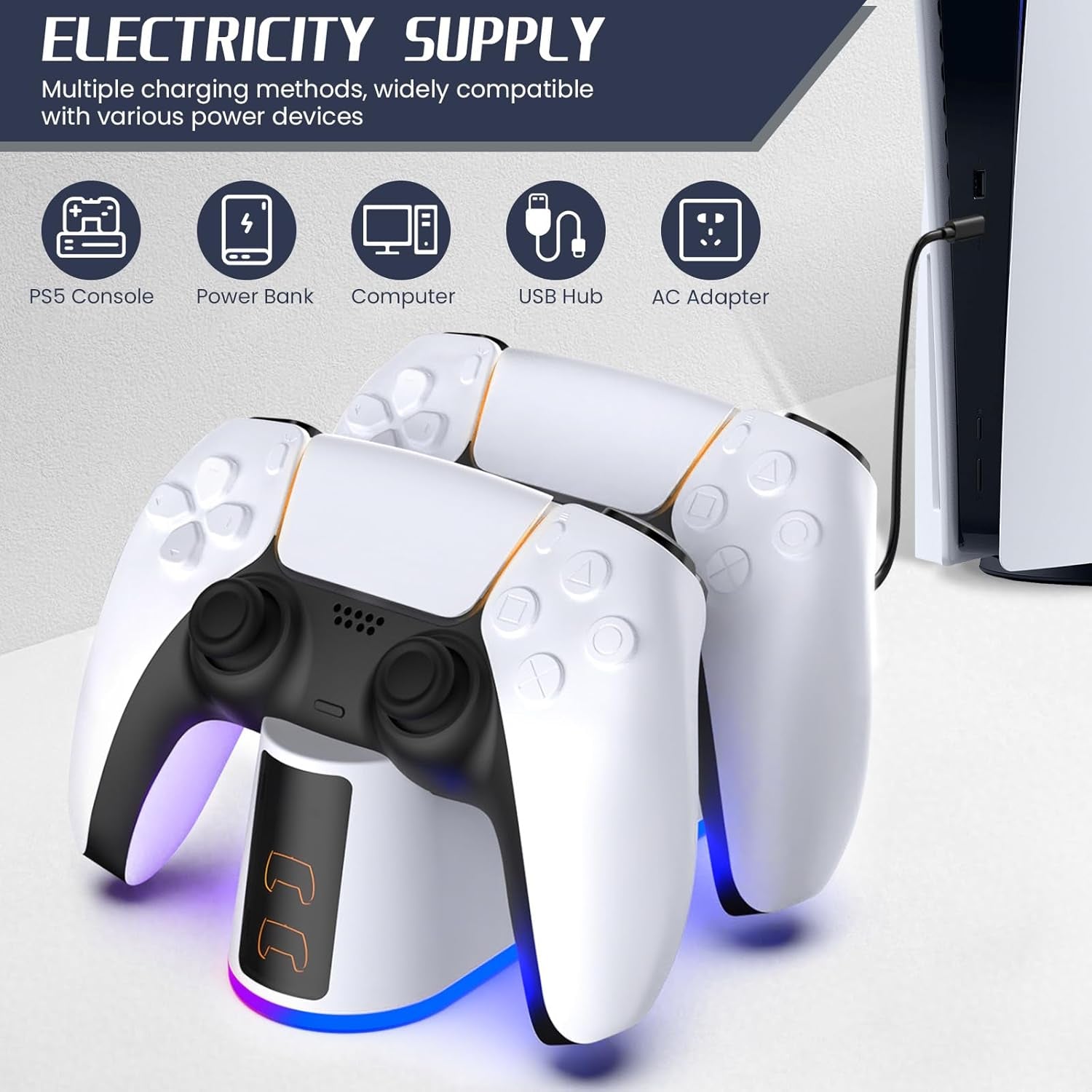 Controller Charger for Ps5,Fast Charging Station Dock with LED Indicator,Dualsense Charging Station for PS5 Controller,Fast Docking Charger with USB Type-C Charging(White)