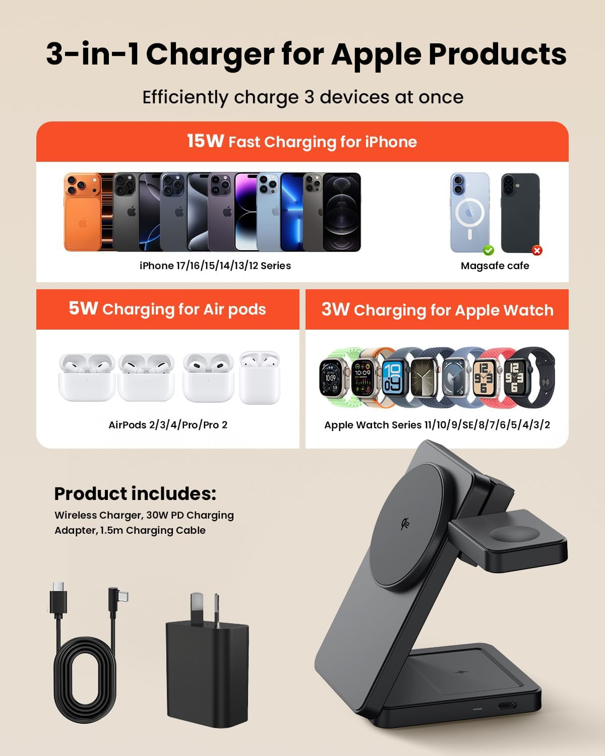 15W Wireless Charging Station,  3 in 1 Magnetic Wireless Charger Stand for Apple Devices, Foldable Travel Charging Dock for Iphone 17 16 15 14 13 12, for Apple Watch & Airpods