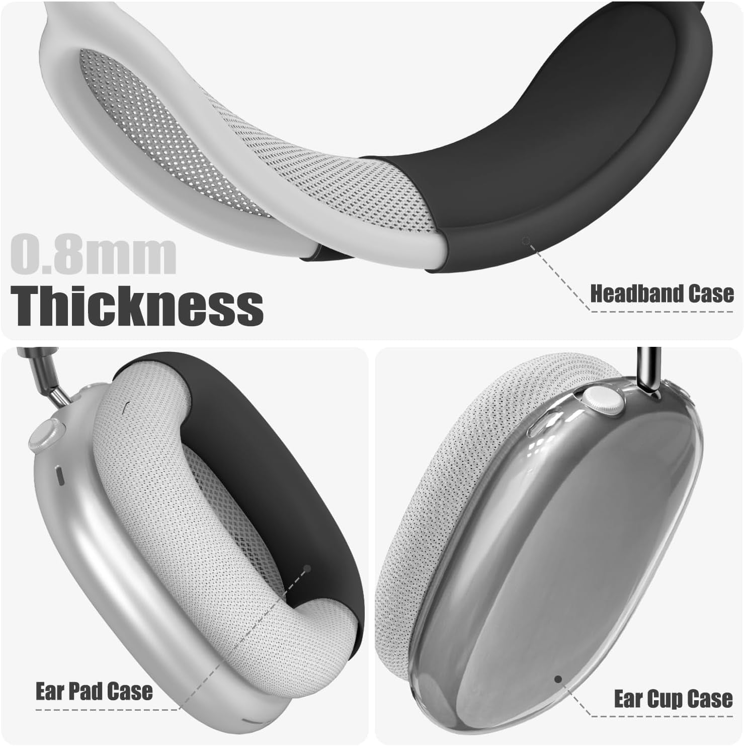 Clear Cover for Airpods Max Headphones Case, 4 in 1 Kit Soft Silicone Skin Ear Cups/Ear Pad Case/Headband for Airpods Max, TPU Transparent Cover Protector for Airpod Max Headsets (Clear-Black)