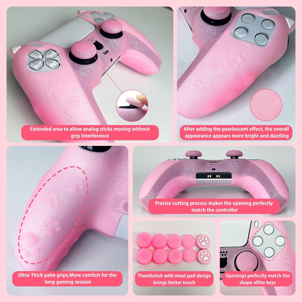 Pink Cat Glitter Anti-Slip Protective Silicone Cover Skin Grips Compatible with Ps5/Slim/Pro Controller,8 PCS Glitter Thumb Grips Caps and 2 Paw Grips Caps. (Cat Pink)