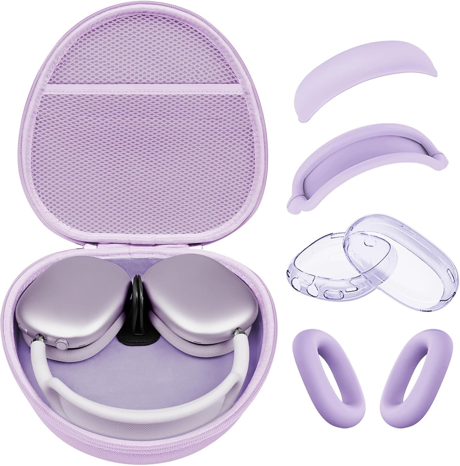 Hard Case for Airpods Max Supports Sleep Mode,Travel Carrying Headphone Case with Airpods Max Clear Ear Cups Cover/Silicone Earpad Case/Headband Cover,Airpod Max Protective Portable Storage Bag,Purple