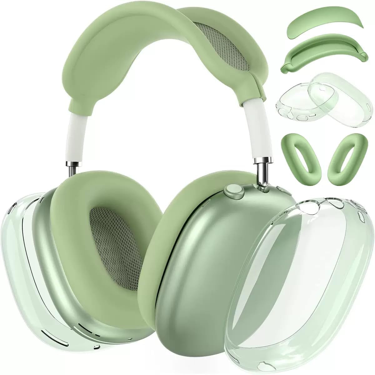 Clear Cover for Airpods Max Headphones Case, 4 in 1 Kit Soft Silicone Skin Ear Cups/Ear Pad Case/Headband for Airpods Max, TPU Transparent Cover Protector for Airpod Max Headsets (Clear-Green)