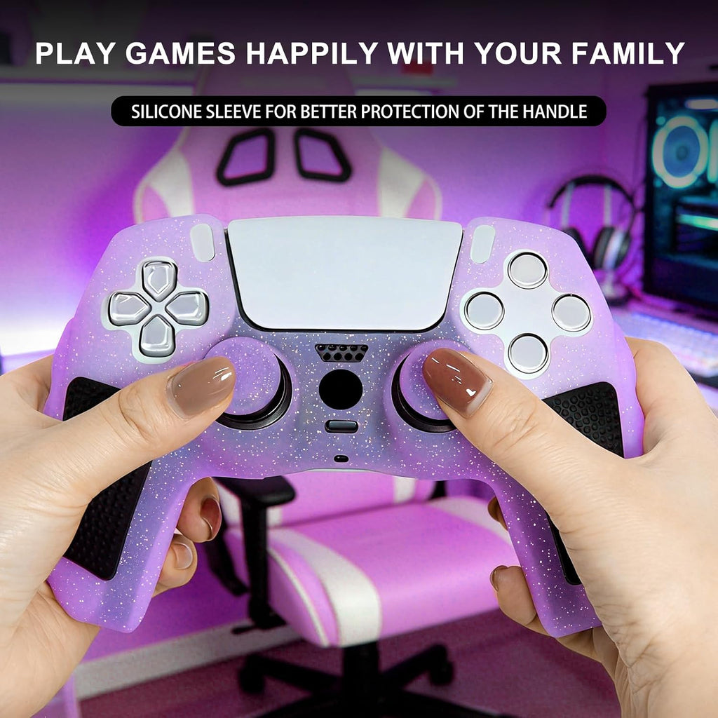 Purple Glitter anti Slip Soft Thicked Studded Silicone Cover Skins Compatible with PS5 Controller,Include 8 PCS Purple Glitter Thumb Grips Glow and 2 Cat Paw Grips Accessories.