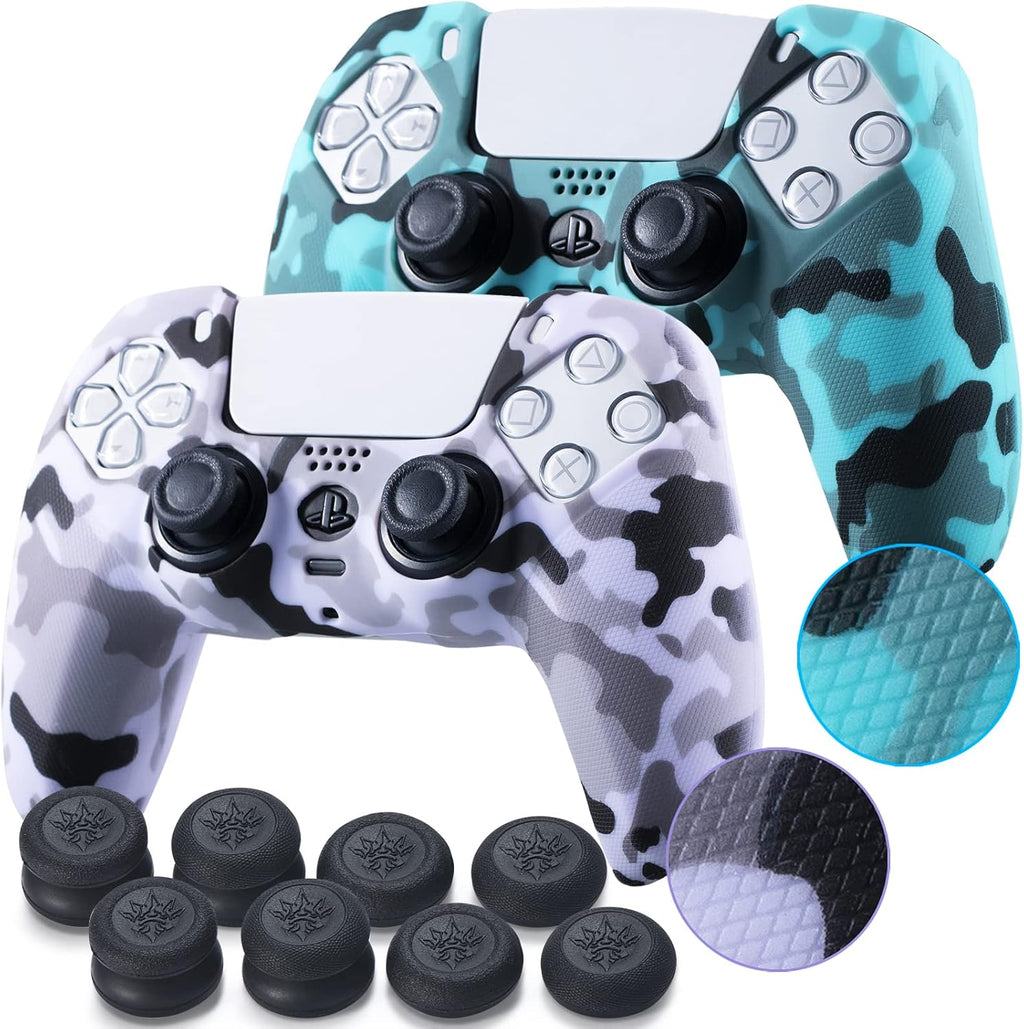 Grip Texture Silicone Skin for PS5 Dualsense Controller X 2(Print Purple+Green) with Pro Thumb Grips X 8