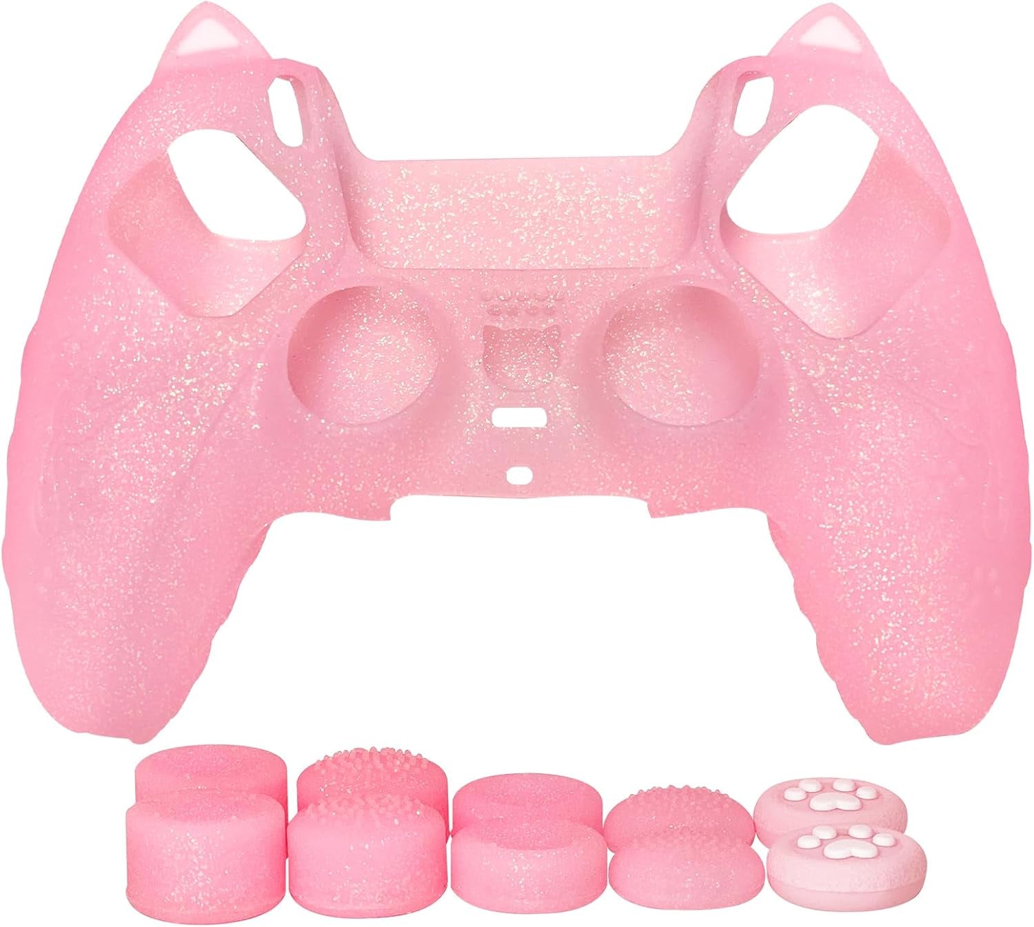 Pink Cat Glitter Anti-Slip Protective Silicone Cover Skin Grips Compatible with Ps5/Slim/Pro Controller,8 PCS Glitter Thumb Grips Caps and 2 Paw Grips Caps. (Cat Pink)