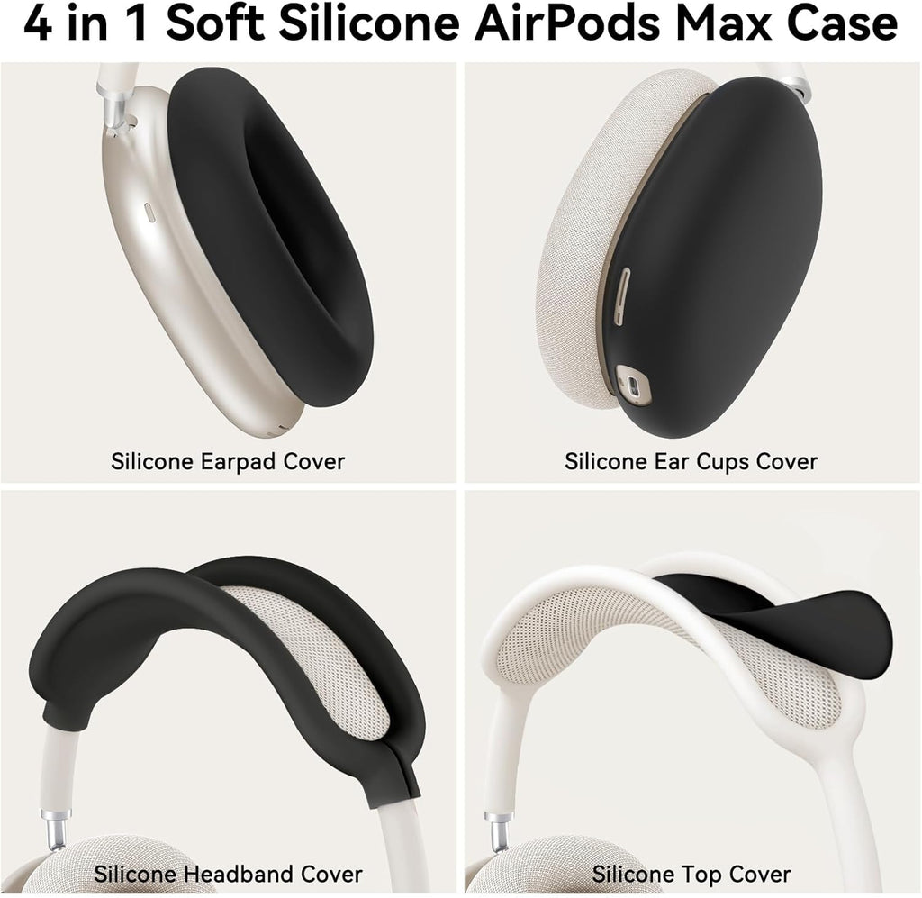 Silicone Case Cover for Airpods Max Headphones, 4 in 1 Accessories Kit: Anti-Scratch Ear Cups/Ear Pad Case/Up down Headband Cover for Airpod Max, Soft Skin Protector for Airpods Max Cover (Black)