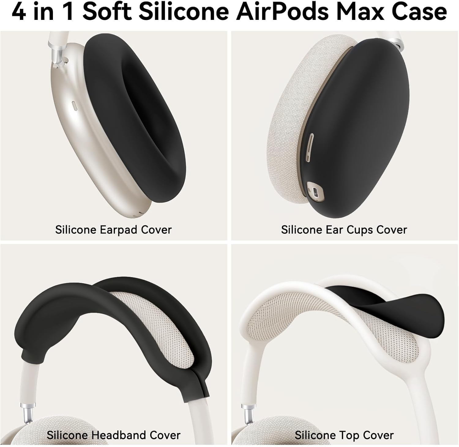 Silicone Case Cover for Airpods Max Headphones, 4 in 1 Accessories Kit: Anti-Scratch Ear Cups/Ear Pad Case/Up down Headband Cover for Airpod Max, Soft Skin Protector for Airpods Max Cover (Black)
