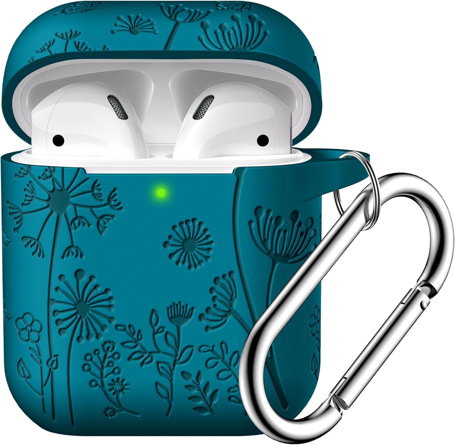 Compatible with Apple Airpods 1St/2Nd Generation Charging Case, Stylish Soft Silicone Flower Print Engraved Protector with Keychain Compatible with Airpods Case, Blue