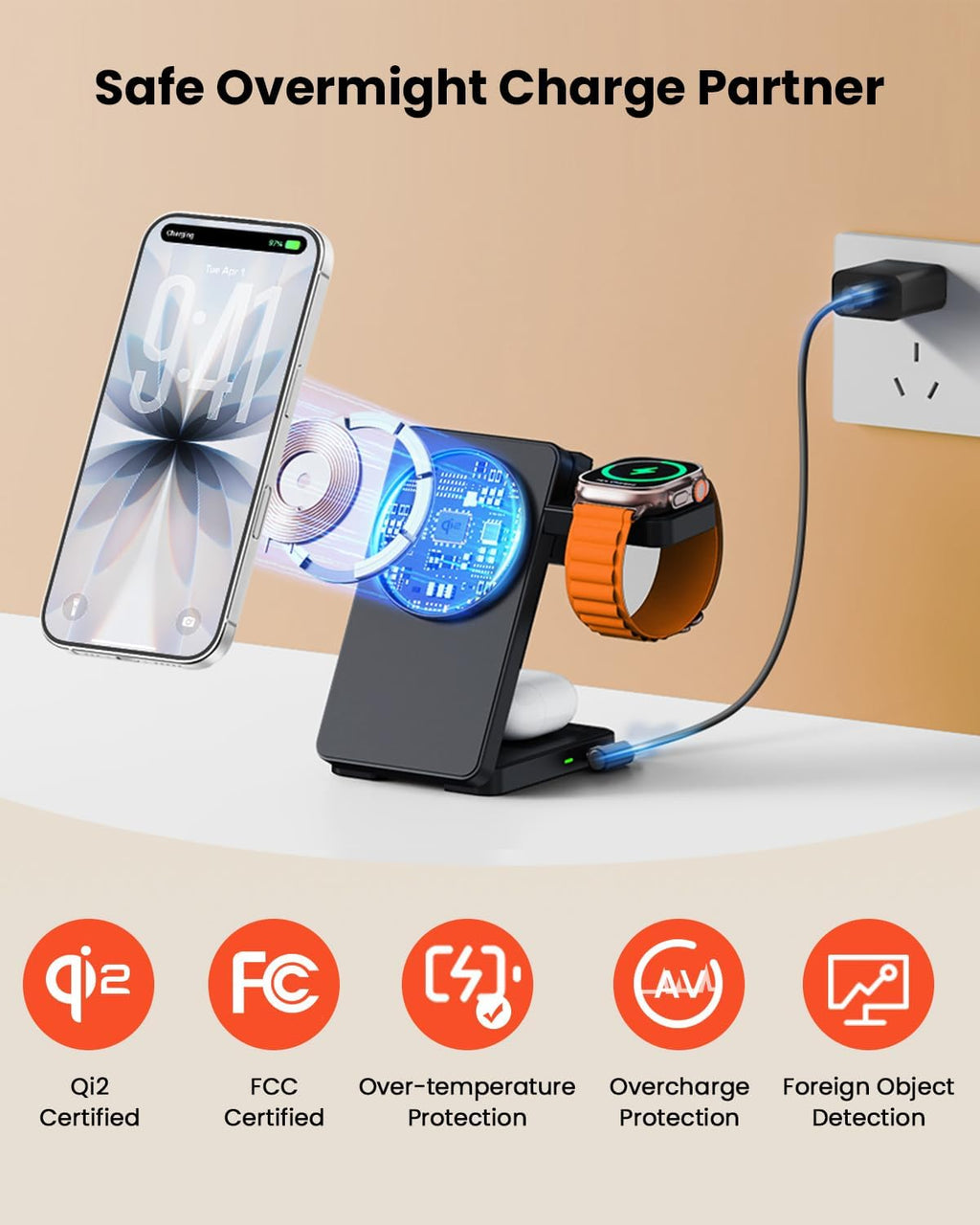 15W Wireless Charging Station,  3 in 1 Magnetic Wireless Charger Stand for Apple Devices, Foldable Travel Charging Dock for Iphone 17 16 15 14 13 12, for Apple Watch & Airpods